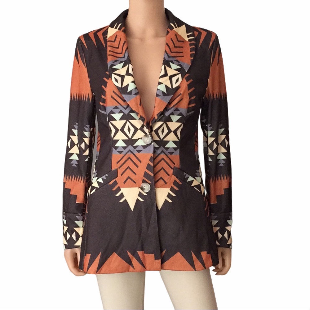 Southwestern Aztec brown orange gray beige blazer